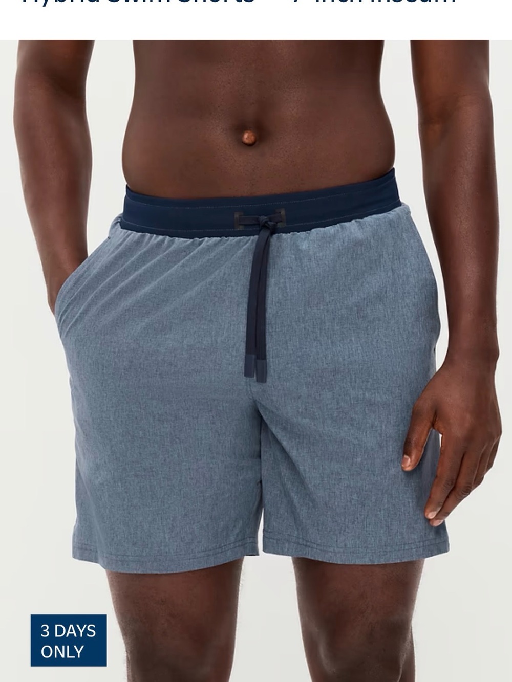 Old Navy Heathered Blue Hybrid Swim Shorts with Navy Waistband - 7 in. Inseam